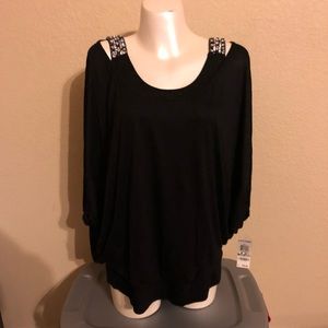 NWT INC 1X black 2-layer blouse with crystal tank